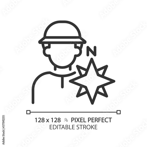 Explorer pixel perfect linear icon. Inquisitive person. Adventurer. Character and brand archetype. Psychoanalysis. Thin line illustration. Contour symbol. Vector outline drawing. Editable stroke