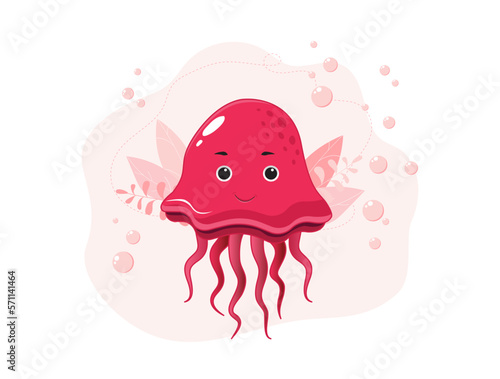 Pink jellyfish design. Marine animals underwater. Colorful, cute vector illustration for clothes, pictures, wallpapers for kids