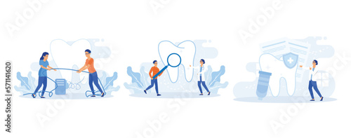 Dental care illustration set. Doctor dentist and medical staff taking care about patients teeth. Professional teeth cleaning, oral hygiene and whitening concept.set flat vector modern illustration