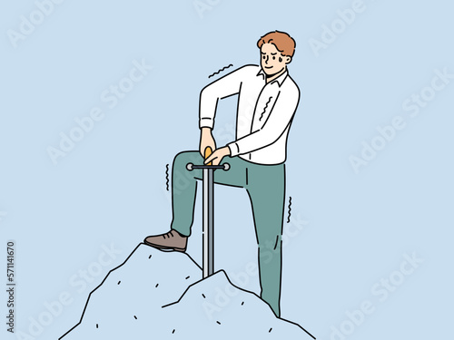 Motivated businessman extract sword from stone. Strong male employee or worker draw Excalibur from rock. Leadership and motivation. Vector illustration. 
