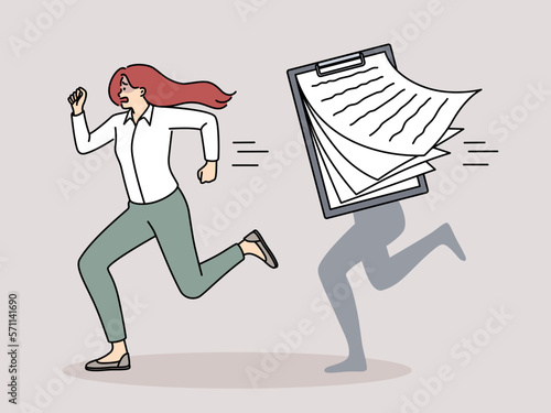 Stressed female employee running from office paperwork. Unhappy businesswoman rushing from documents overwhelmed with job. Workload. Vector illustration. 
