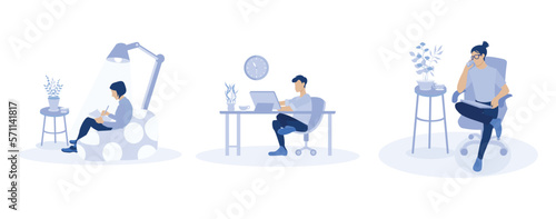 Working at home, coworking space, concept illustration. Young people, man and woman freelancers working on laptops and computers at home. People at home in quarantine. set flat vector modern illustrat