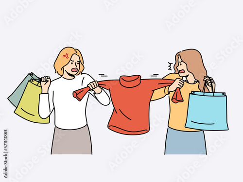 Furious female buyers fight for clothing in shop or boutique. Mad women battle for sweater in store. Shopping and consumerism. Vector illustration. 