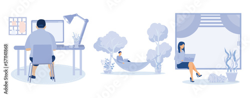 Working at home, coworking space, concept illustration. Young people, man and woman freelancers working on laptops and computers at home. People at home in quarantine. set flat vector modern illustrat