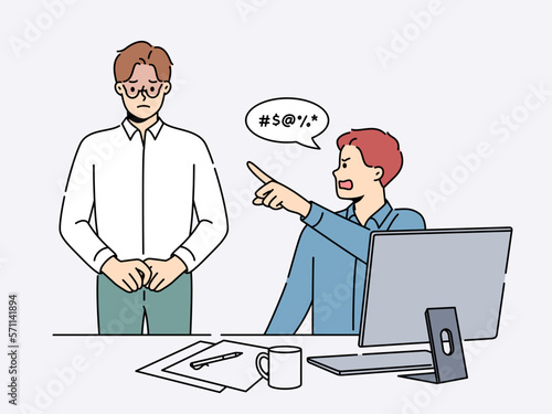 Furious businessman scream at stressed male employee in office. Mad boss or CEO yell scold unhappy distressed worker. Workplace subordination. Vector illustration. 
