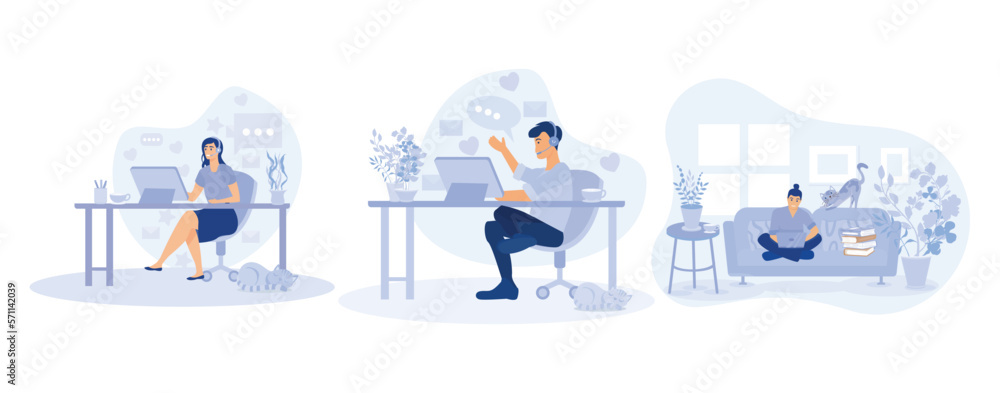 Home office concept, working from home sitting on a sofa, remote work concept. set flat vector modern illustration