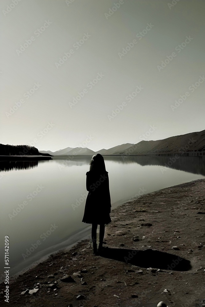 duotone image of a silhouette of a person at the edge of a lake made using generative ai tools duotone image of a silhouette of a person at the edge of a lake made using generative ai tools