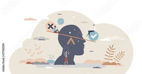 Bias as inclination or prejudice for racial ethnic group tiny person concept, transparent background. Uneven balance for comparison and judgment reflection illustration.