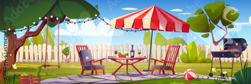 BBQ party on backyard. House patio with fence, furniture for picnic with barbecue, green grass and tree. Summer landscape of yard with table, umbrella, grill and swing, vector cartoon illustration