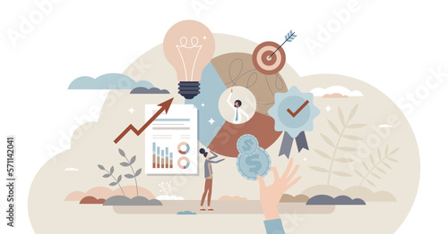 Brand equity and company recognition financial value tiny person concept, transparent background. Commercial and marketing communication result as loyal customer engagement illustration.