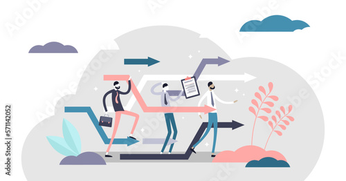 Business reorganize illustration, transparent background. Company change in flat tiny persons concept. Progress and development strategy readjustment in unstable market situation.