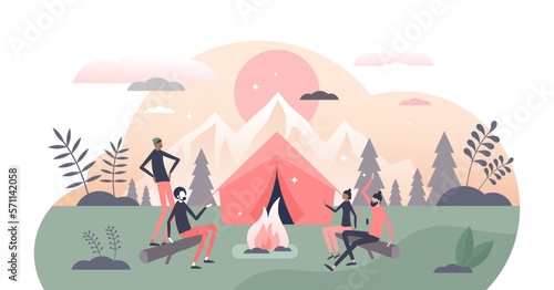 Campfire or fireplace camping adventure with friends tiny persons concept, transparent background.Outdoor tourism with overnight in forest or foods with tents illustration.