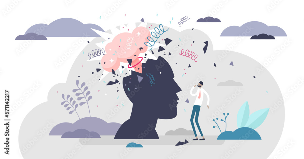 Head explode illustration, transparent background. Mind blowing pressure flat tiny person concept. Abstract human silhouette with mental mind blast and explosion. - obrazy, fototapety, plakaty 