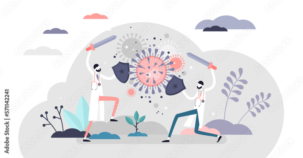 Fighting virus scene illustration, transparent background. Covid-19 flat tiny persons concept. Metaphoric doctors swords fight with viral coronavirus outbreak.