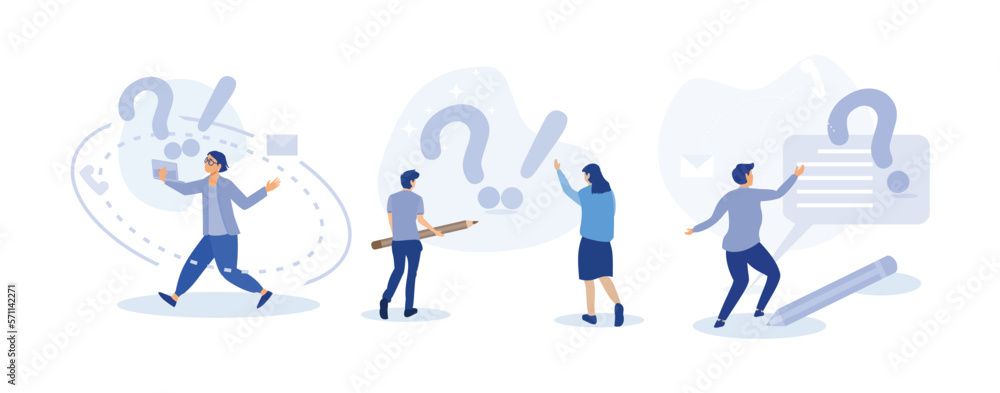 People characters standing near exclamation and question marks. Woman and man ask questions and receive answers. Frequently asked questions concept. set flat vector modern illustration