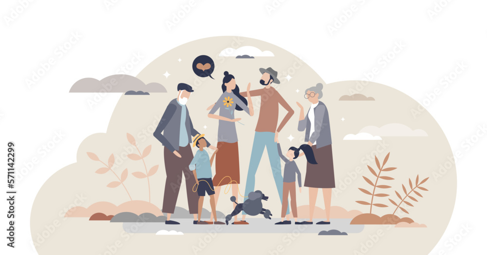 Happy family as joy moment with all relatives together tiny person concept, transparent background. Grandparents, children, dog and adult couple quality time together illustration.
