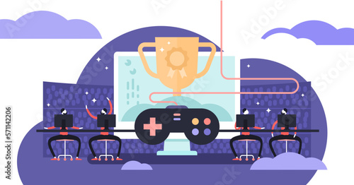 Esports illustration, transparent background. Flat tiny virtual computer games persons concept. Competition online play equipment. Entertainment console team vs gaming group players.