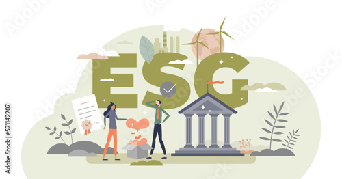 ESG environmental social governance as green company development strategy tiny person concept, transparent background. Ecological resource consumption and renewable energy usage.