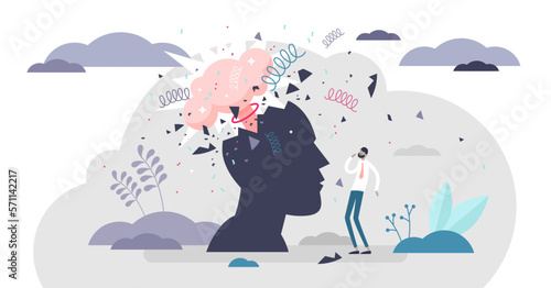 Head explode illustration, transparent background. Mind blowing pressure flat tiny person concept. Abstract human silhouette with mental mind blast and explosion.