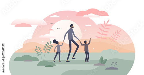 Fatherhood kids caring as dad and children family model tiny persons concept, transparent background. Husband relationship with infant daughter and son illustration.