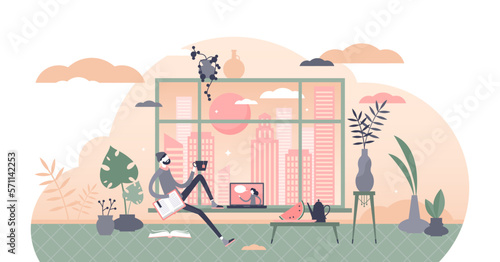 Free time illustration, transparent background. Relaxing at home flat tiny person concept. Break from work with tea pause for leisure and recreation. Urban apartment scene. photo