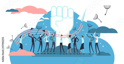 Freedom illustration, transparent background. Flat tiny independence crowd person concept. Abstract fist, birds wings and dandelion fluff as carefree power symbol.
