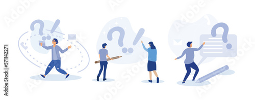 People characters standing near exclamation and question marks. Woman and man ask questions and receive answers. Frequently asked questions concept. set flat vector modern illustration