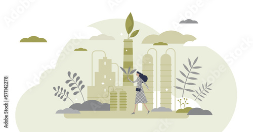 Green industry with alternative sustainable eco energy flat tiny persons concept, transparent background. Global environment saving with ecological factories.