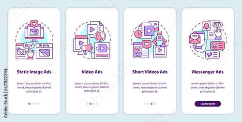 Types of social media ads onboarding mobile app screen. Promo walkthrough 4 steps editable graphic instructions with linear concepts. UI, UX, GUI template. Myriad Pro-Bold, Regular fonts used