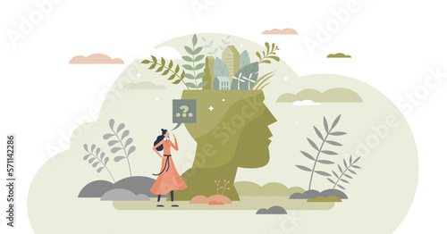 Green thinking as sustainable and ecological lifestyle support tiny person concept  transparent background. Abstract head with plants  alternative power sources and modern urban scene.