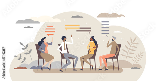 Group therapy as psychologist session conversation tiny person concept, transparent background. Talking treatment for mental health problems or addiction illustration. Anonymous trust meeting.
