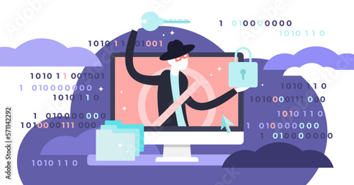 Hacker illustration, transparent background. Flat tiny virtual web criminal persons concept. Internet protection from crime, danger, spy and software risk attacks.