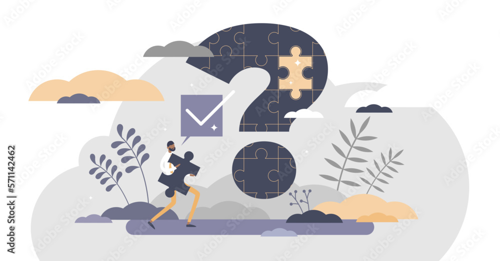 Problem solution and puzzle question and answer scene tiny persons ...