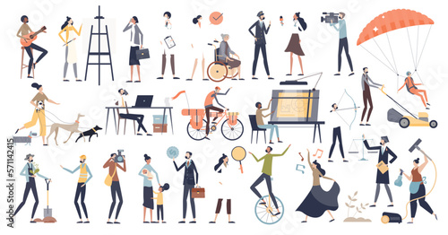 Occupations and professional work and job choice items tiny person concept, transparent background. Various employees from medical nurse and doctor to pilot and architect illustration.