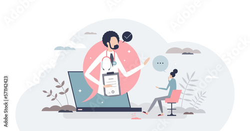 Online doctor counseling and healthcare appointment tiny person concept, transparent background. Digital connection and distant meeting with specialist illustration.