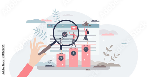 Online ranking and websites search engine top results tiny person concept, transparent background. SEO for marketing optimization and internet browser positive quality assessment illustration.