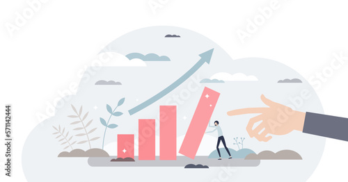 Performance progress or improvement with financial growth tiny person concept, transparent background. Company profit chart boost and efficiency acceleration illustration.