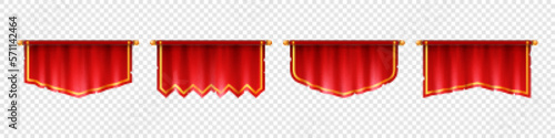 Medieval red flags, hanging royal banners with gold border. Blank cloth pennants, vintage vertical fabric flags isolated on transparent background, vector realistic set