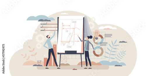 Project management courses and company data presentation tiny person concept, transparent background. Efficiency and financial growth information reflection in flipchart scheme.
