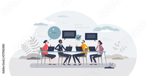 Project strategy team meeting or business future planning analysis tiny person concept, transparent background. Brainstorm teamwork with talking process for discussion, presentation.