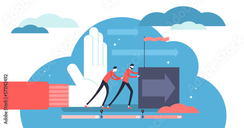 Push illustration, transparent background. Flat tiny idea forward movement person concept. Overcoming obstacles process to begin startup or business. Target oriented difficult motion process.