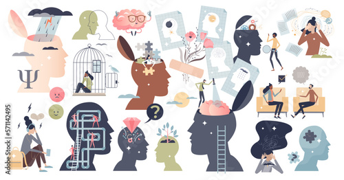 Psychology as medical mental health problems in tiny person collection set, transparent background. Elements with psychotherapy, anxiety and mood change illustration.