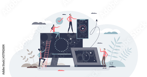 Software data update with system refresh to new version tiny person concept, transparent background. Backup and installation file download for operating app development or change illustration.