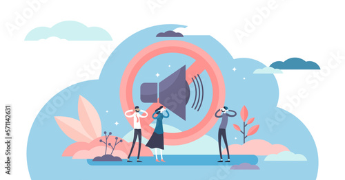 Stop noise sign concept, flat tiny person illustration, transparent background. Sound symbol and people protesting. Loud urban environment and noisy neighbors social issues.