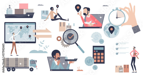 Supply chain management set items with scm logistics tiny person collection, transparent background. Items with worldwide distribution planning.