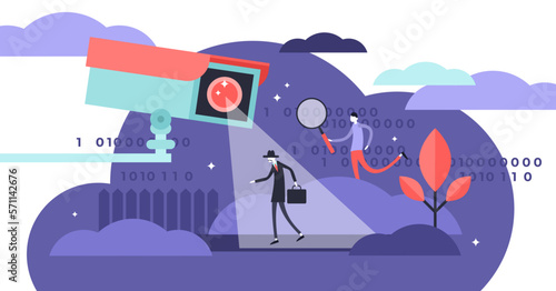 Surveillance illustration, transparent background. Flat tiny security camera person concept. Safety equipment for protection control. Spy, guard and detective monitoring.