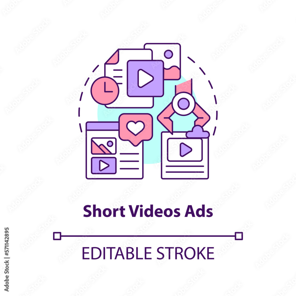 Short videos ads concept icon. Products presentation. Type of social media promo abstract idea thin line illustration. Isolated outline drawing. Editable stroke. Arial, Myriad Pro-Bold fonts used