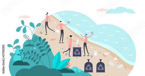 Volunteer team cleaning plastic pollution waste on the beach near forest, transparent background. Flat tiny persons concept illustration. Planet environment problem and waste crisis.
