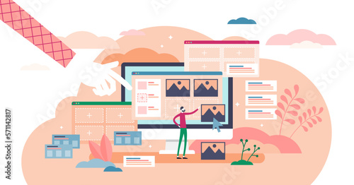 Website builder app concept, flat tiny person illustration, transparent background. Drag and drop interface for internet page management and development.