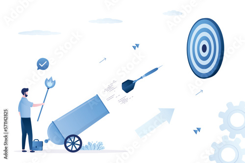 Confident businessman shoots target with dart from a cannon. Hitting the target, business success. Goal Achievement Technology. Quick success, marketing, SEO
